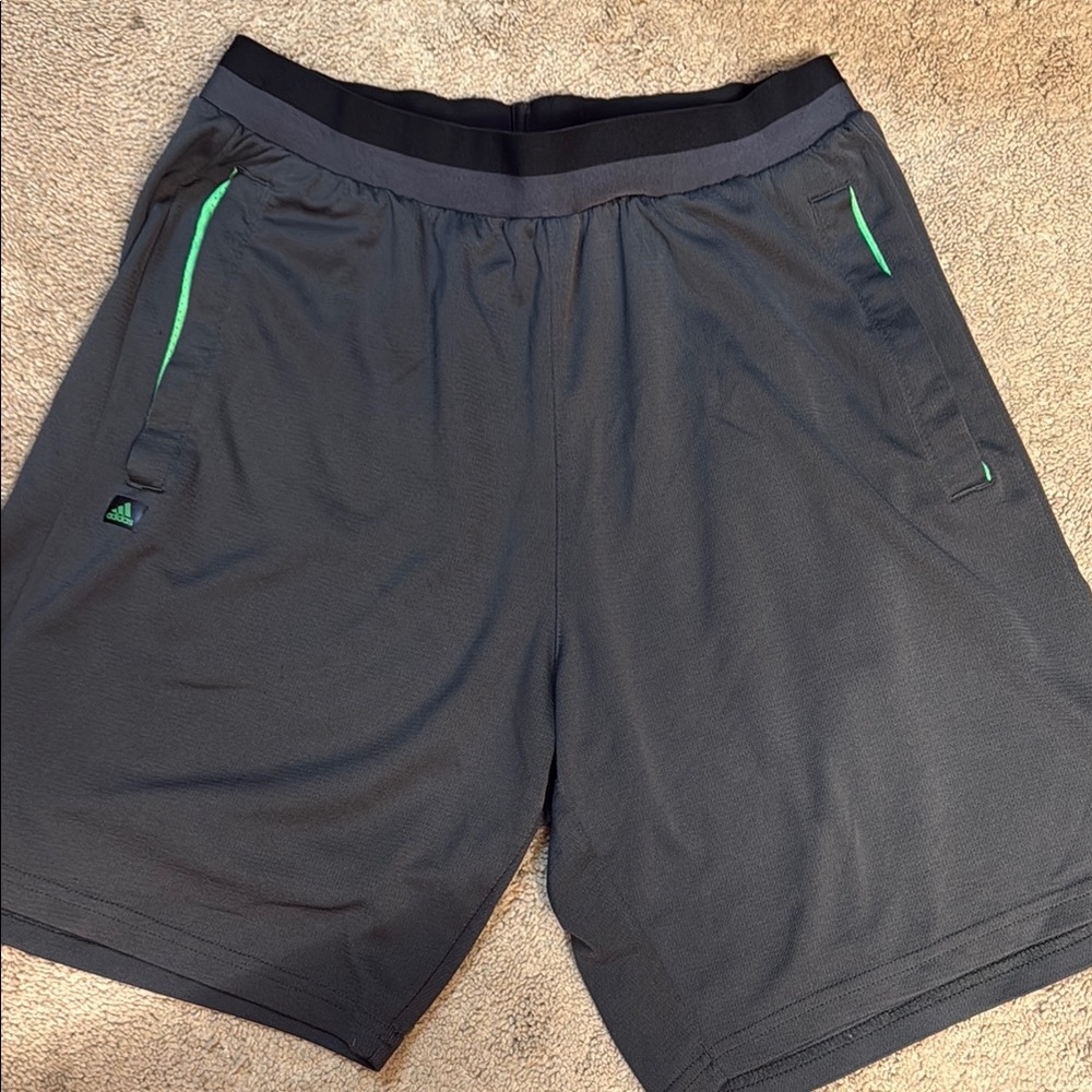 adidas Men's Black and Neon Green Athletic Shorts
